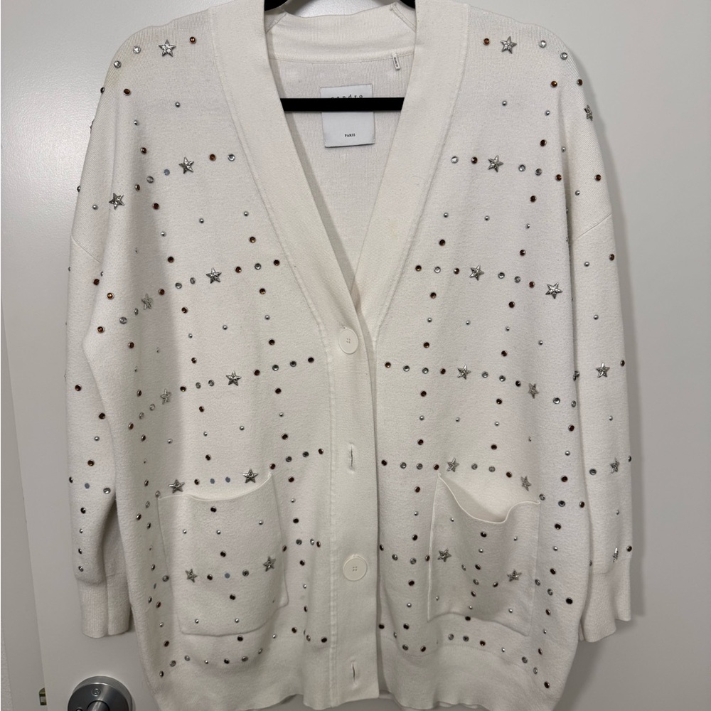 Sandro Cream Cardigan with Star and Stud Accents